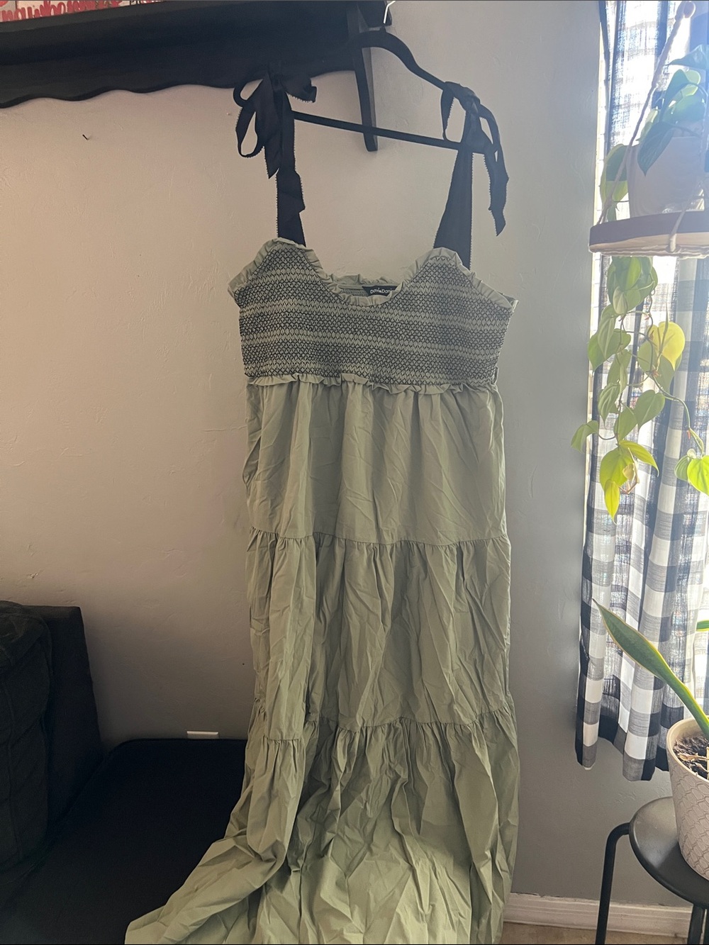 DAVI & DANI Sage Green Tiered Maxi Dress with Black Tie-Strap Shoulders